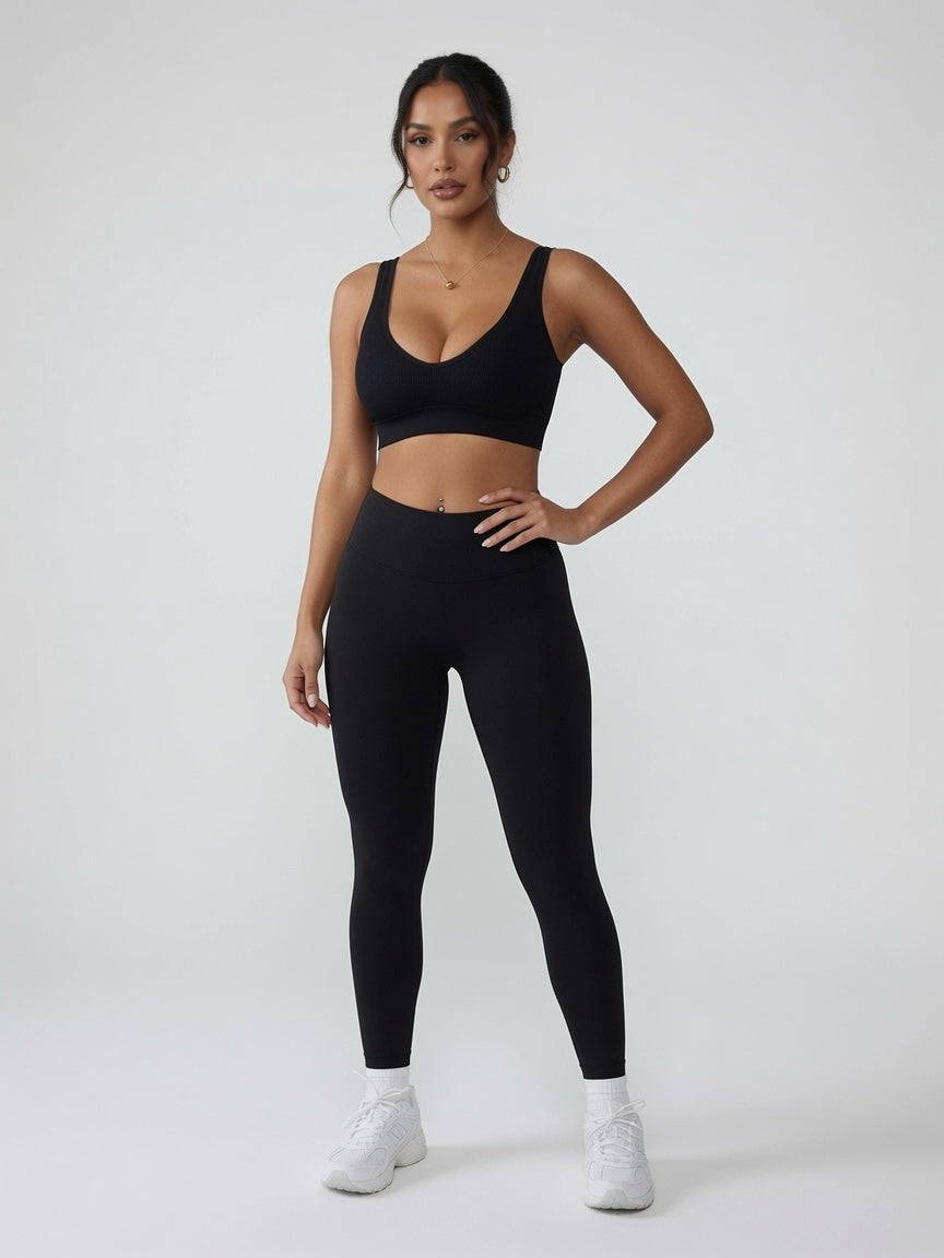 Ebony Ribbed V-Neck Sports Bra